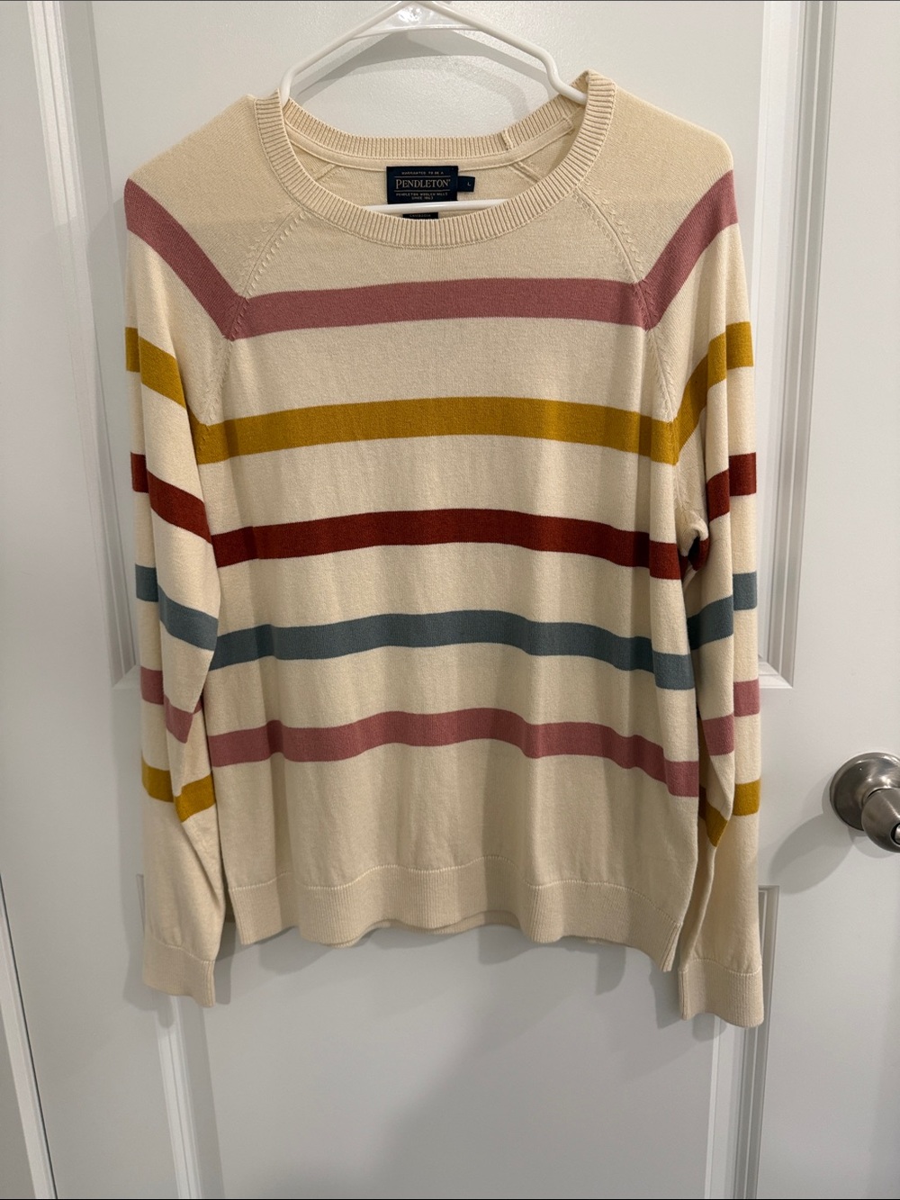 Pendleton Cream Crewneck Sweater with Pink, Mustard, Rust & Blue Stripes